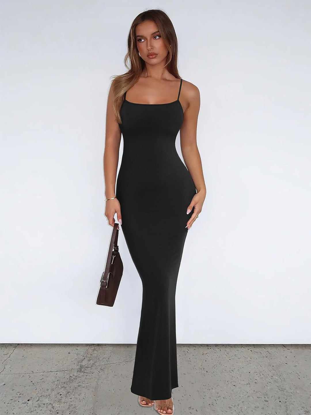 REORIA Damen Sexy Lounge Slip Langes Kleid Elegantes Hochzeitsgast ärmelloses rückenfreies Geripptes
