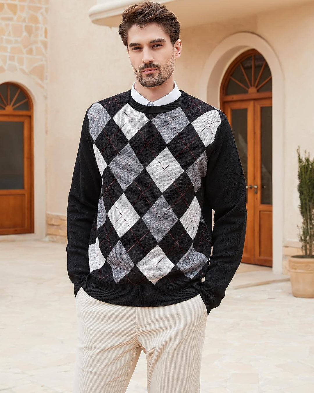 Kallspin Herren Wollmischung Strickpullover Argyle Rundhalsausschnitt Pullover Sweater XXL Schwarz,