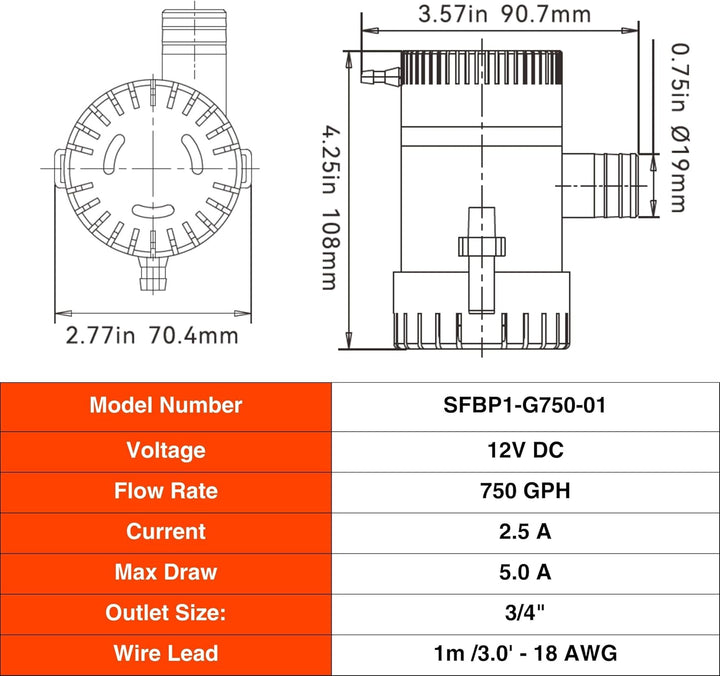 SEAFLO Elektrische Marine Bilgepumpen (750 GPH), 750 Gph