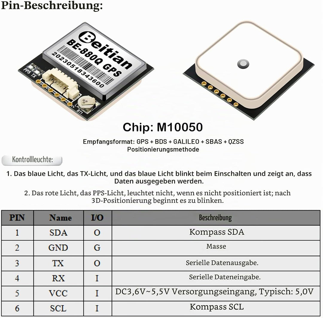 Geekstory BE-880Q GPS Module with Flash QMC5883L Compass GPS Antenna TTL Level 38400bps for Arduino