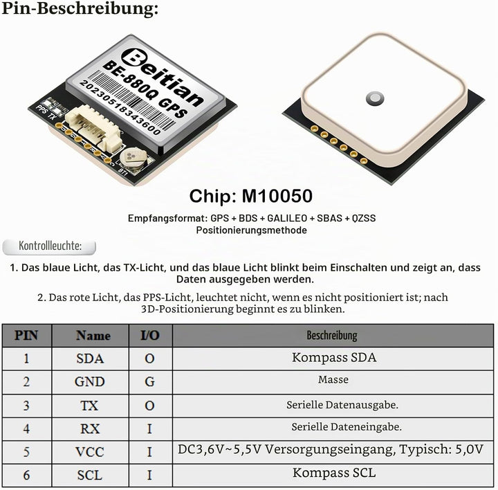 Geekstory BE-880Q GPS Module with Flash QMC5883L Compass GPS Antenna TTL Level 38400bps for Arduino