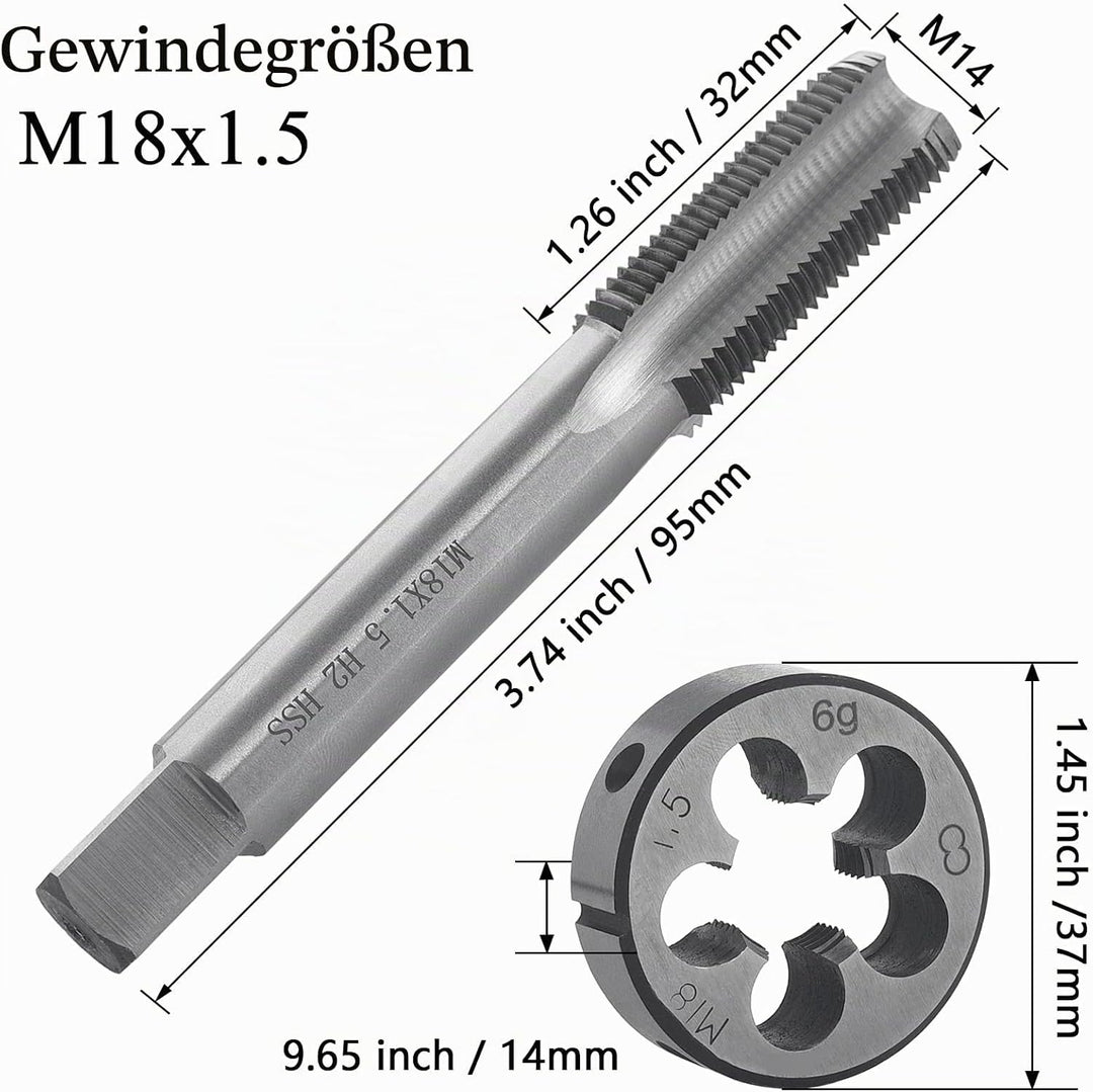 Gewindeschneid M18 x 1.5mm, HSS Gewindebohrer und Schneideisen Set, Rechtsgewinde Feingewinde Schnei