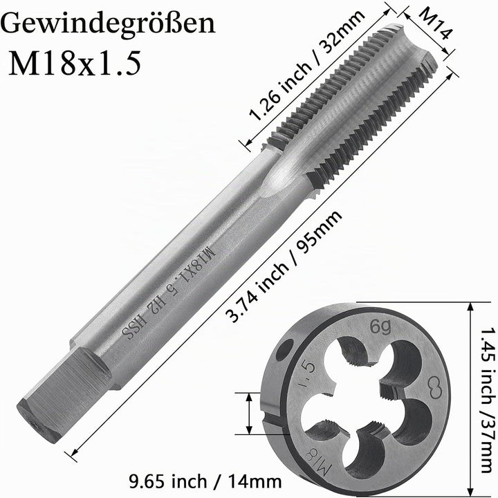 Gewindeschneid M18 x 1.5mm, HSS Gewindebohrer und Schneideisen Set, Rechtsgewinde Feingewinde Schnei