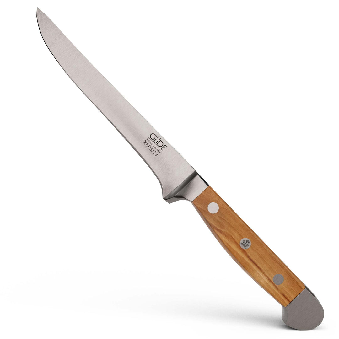 GÜDE Solingen - Ausbeinmesser geschmiedet, 13 cm, Olivenholz, ALPHA OLIVE, Doppelkropf, Handmade Ger