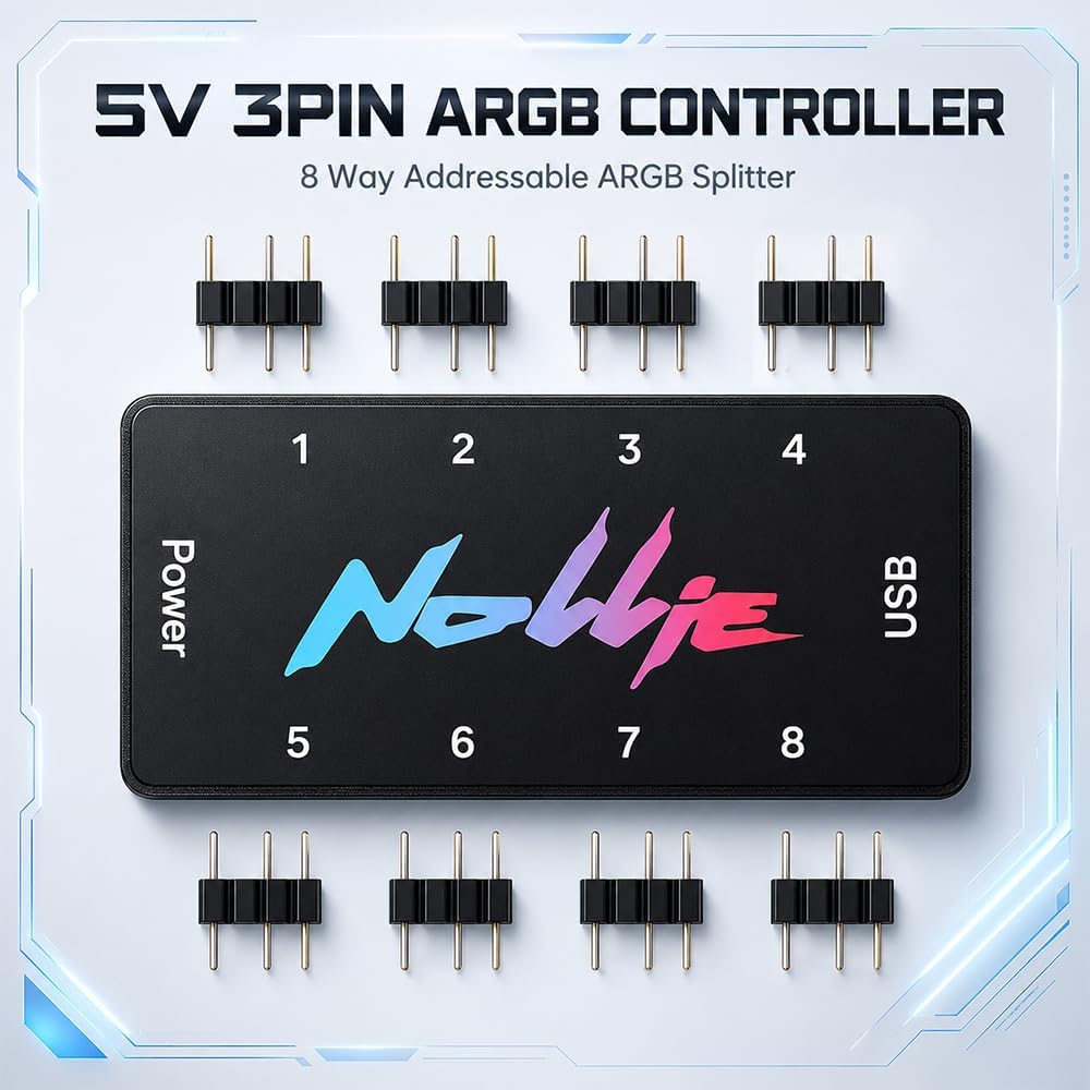 ARGB Controller, ZMCVOE 8-Port RGB Controller PC mit 2 SATA Kabel, 5V 3PIN PC-Beleuchtungs-Hub, ARGB
