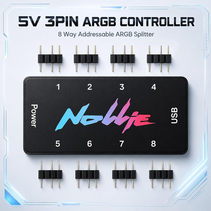 ARGB Controller, ZMCVOE 8-Port RGB Controller PC mit 2 SATA Kabel, 5V 3PIN PC-Beleuchtungs-Hub, ARGB