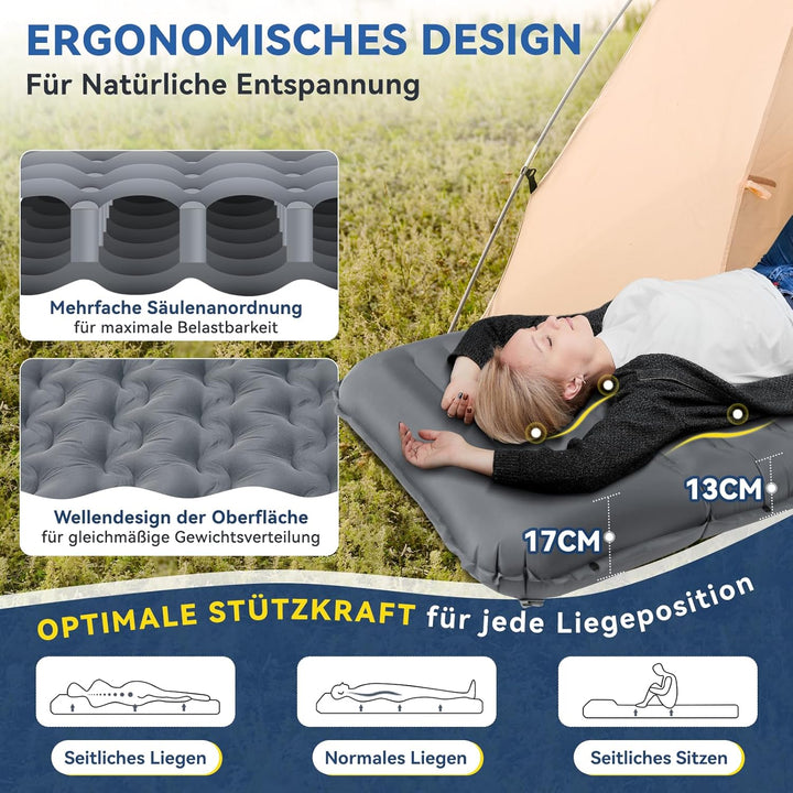 HIKENTURE Camping Isomatte, 13CM Ultradicke Isomatte Camping mit Kissen, Aufblasbare Luftmatratze Kl