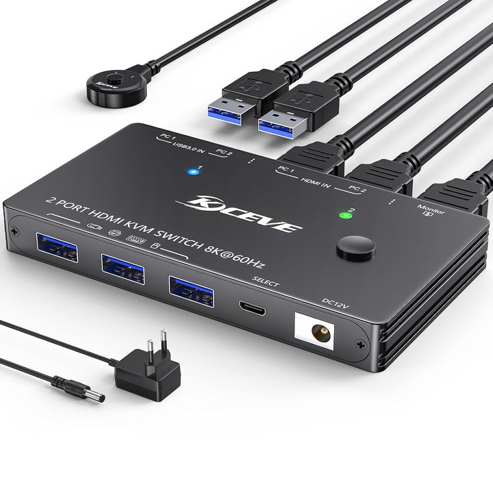 8K HDMI KVM Switch 2 Port 8K@60Hz 4K@120Hz, 2 PC 1 Monitor | USB 3.0 KVM Switch HDMI 2.1 für 2 Compu