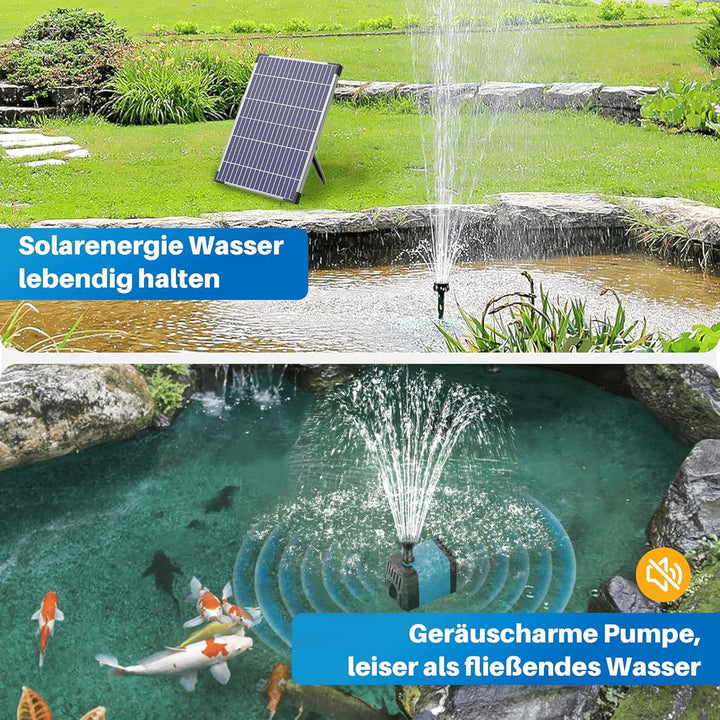Biling Solar Springbrunnen für Aussen 12W 450L/H Leise Teichpumpe Solar mit 4 Düsen Schlauch, Solarb