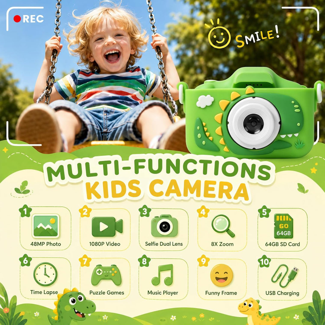 Kinderkamera Selfie DigitalKamera mit 64GB Karte, 48PM | 1080P HD Kinder Kamera &amp; 2,0-Zoll-Bildschir