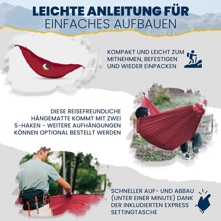 Fair Trade & handgemachte Compact-Leicht-Hängematte Burgund für Reisen, Camping und Alltag, 3,2 * 1,