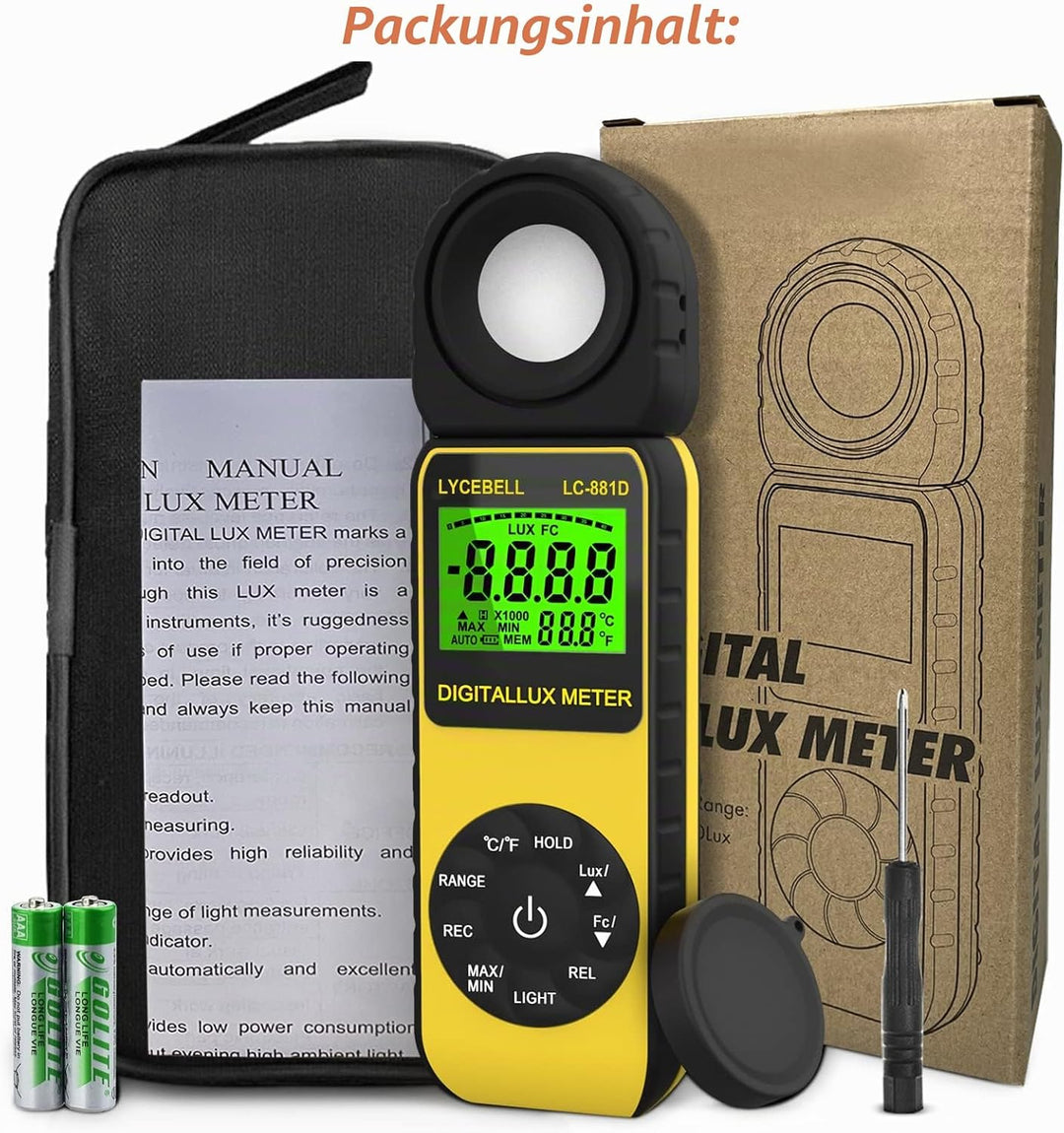 Digital Luxmeter, LC-881D Belichtungsmesser 0.1-400,000 Lux mit Daten halten/Max/Min, Lichtmessgerät