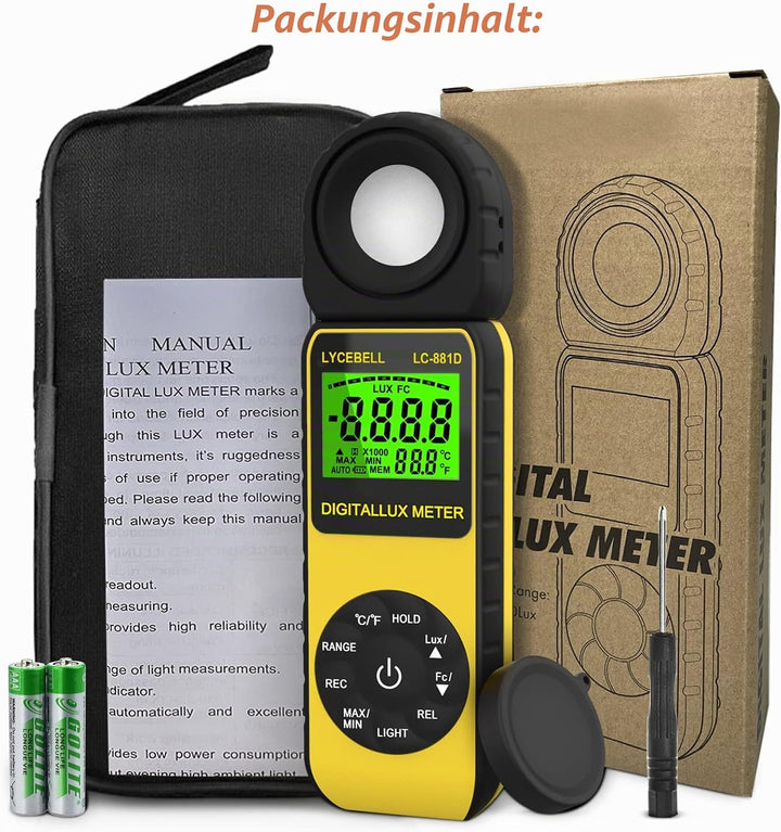 Digital Luxmeter, LC-881D Belichtungsmesser 0.1-400,000 Lux mit Daten halten/Max/Min, Lichtmessgerät