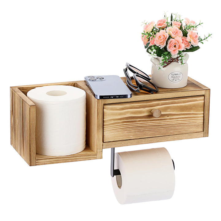 BTSKY Wandmontierter Toilettenpapierhalter aus Holz mit Regal und Schublade, Badezimmer-Toilettenpap