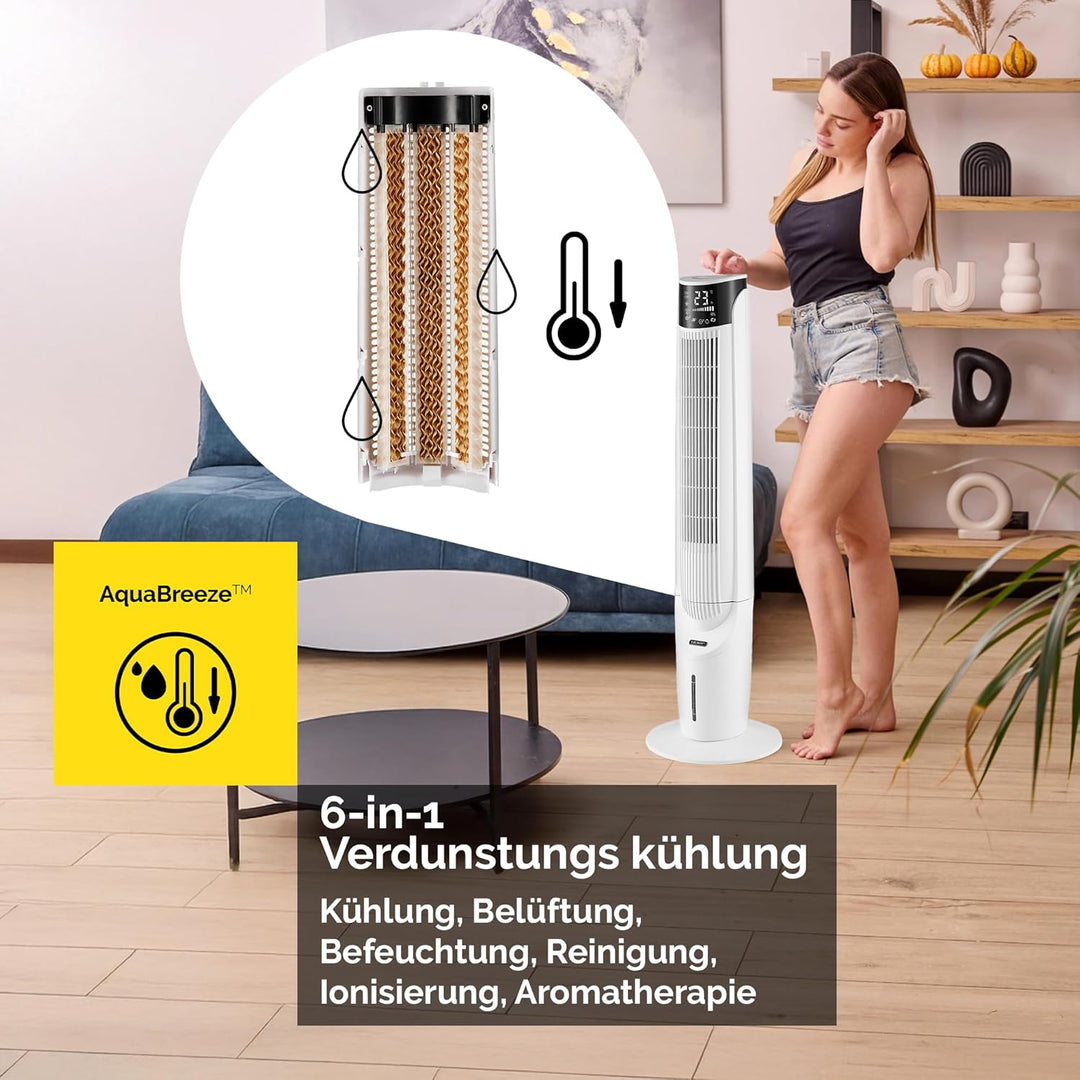 Yoer Luftkühler mit Wasserkühlung, 6-in-1 Ventilator, Luftbefeuchter, Ionisator, Luftreiniger, Aroma
