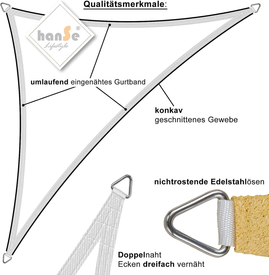 hanSe Sonnensegel quadratisch, Segeltuch Quadrat, 2x2m in Sand, aus HDPE Gewebe, wetterbeständig mit
