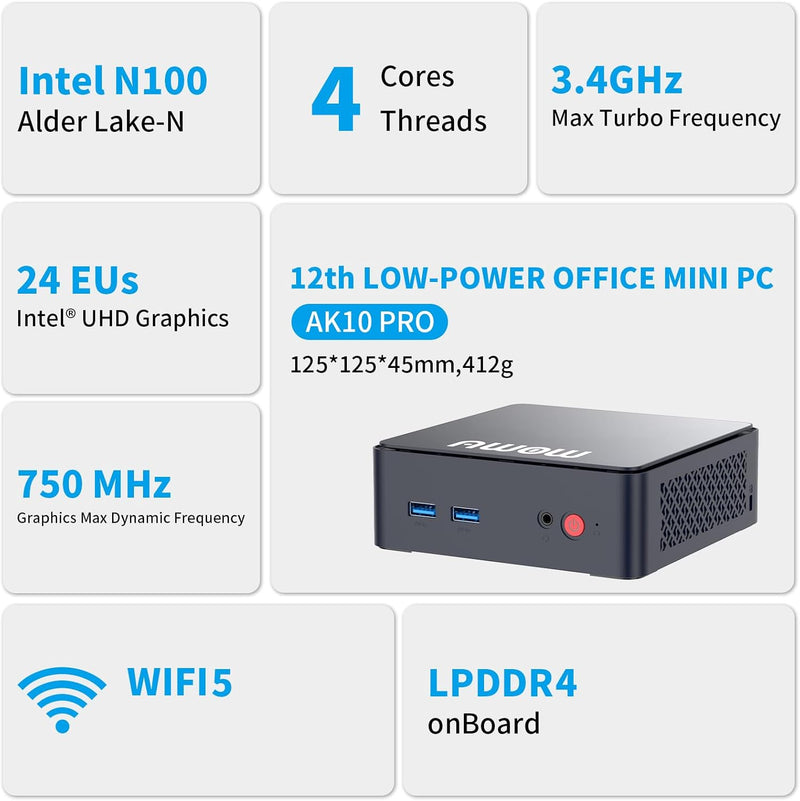 AWOW Mini PC Intel Alder Lake N100(bis zu 3,4GHz) 8GB DDR4 RAM 256GB M.2 SSD, Mini Desktop Computer