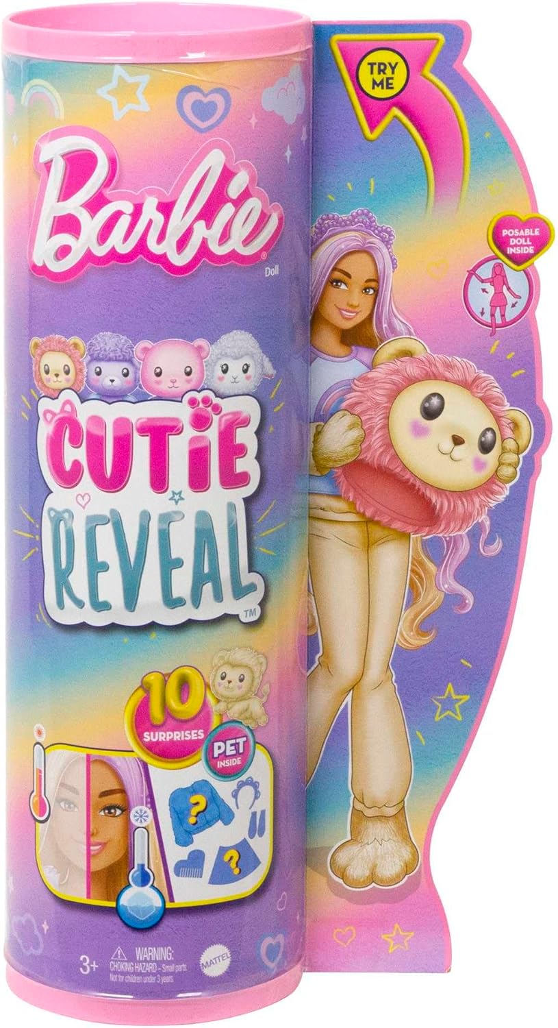 Barbie Cutie Reveal Puppe - Plüschlöwe mit 10 Überraschungen, bewegliche Puppe mit Accessoires, inkl