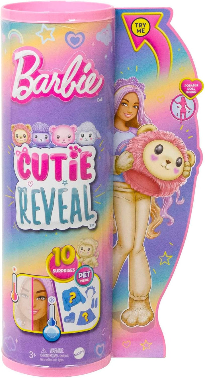 Barbie Cutie Reveal Puppe - Plüschlöwe mit 10 Überraschungen, bewegliche Puppe mit Accessoires, inkl