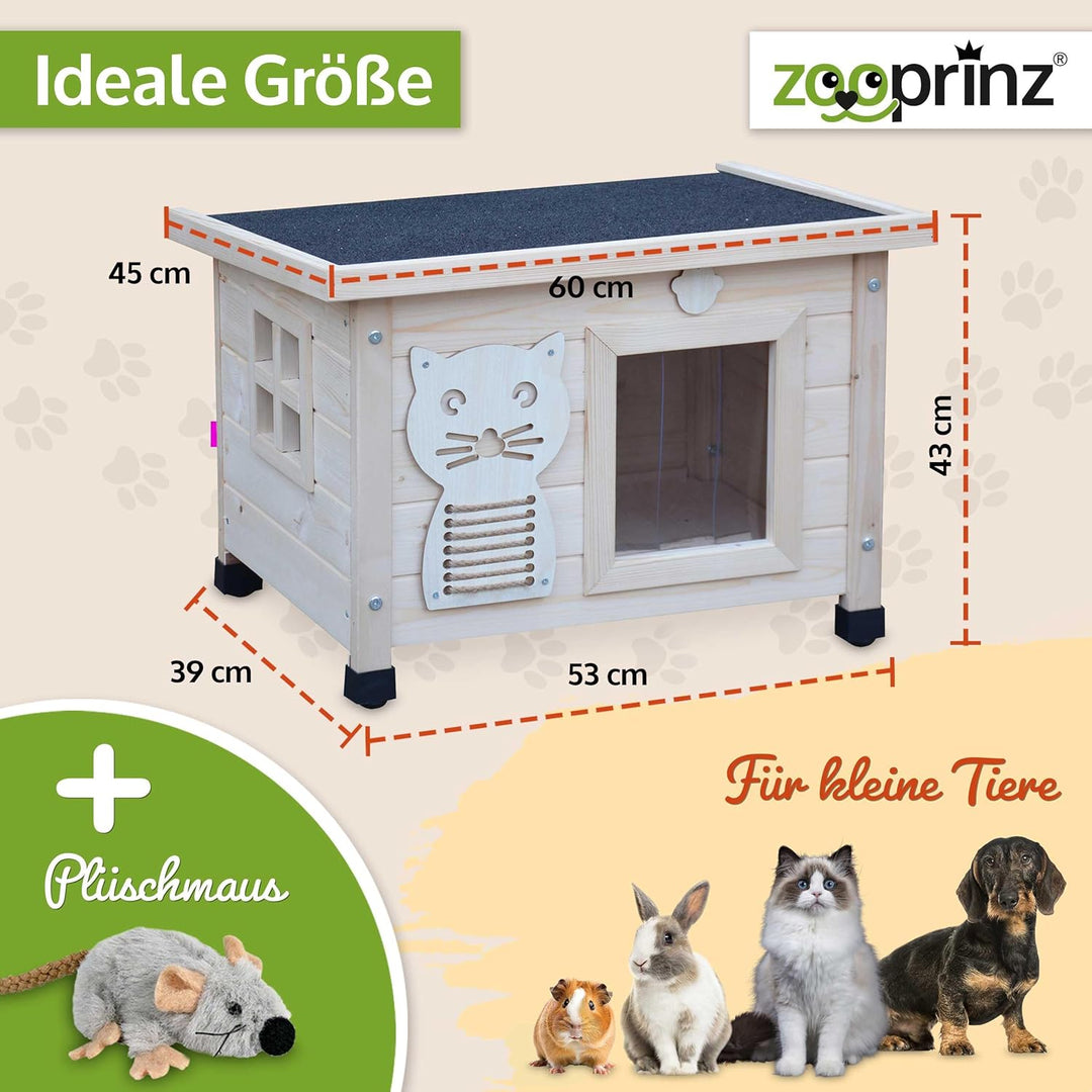 zooprinz Premium Holz Katzenhaus – Katzenkiste mit Dach zum Öffnen, Fenster und Schwingtür – Sisalba