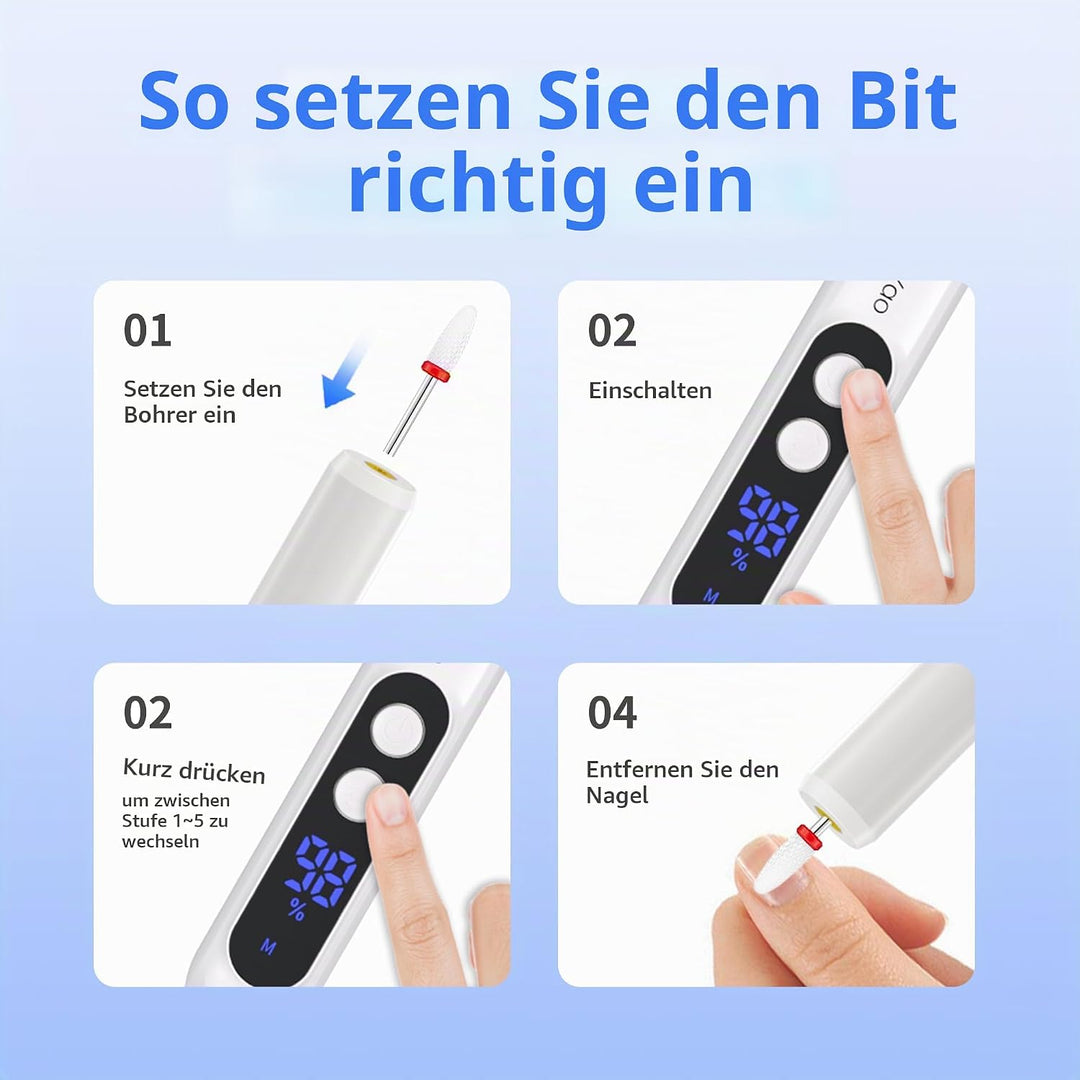 hes Nagelfeilen-Set, 11 in 1, wiederaufladbar, für Maniküre und Pediküre, mit 3 Geschwindigkeitsstuf
