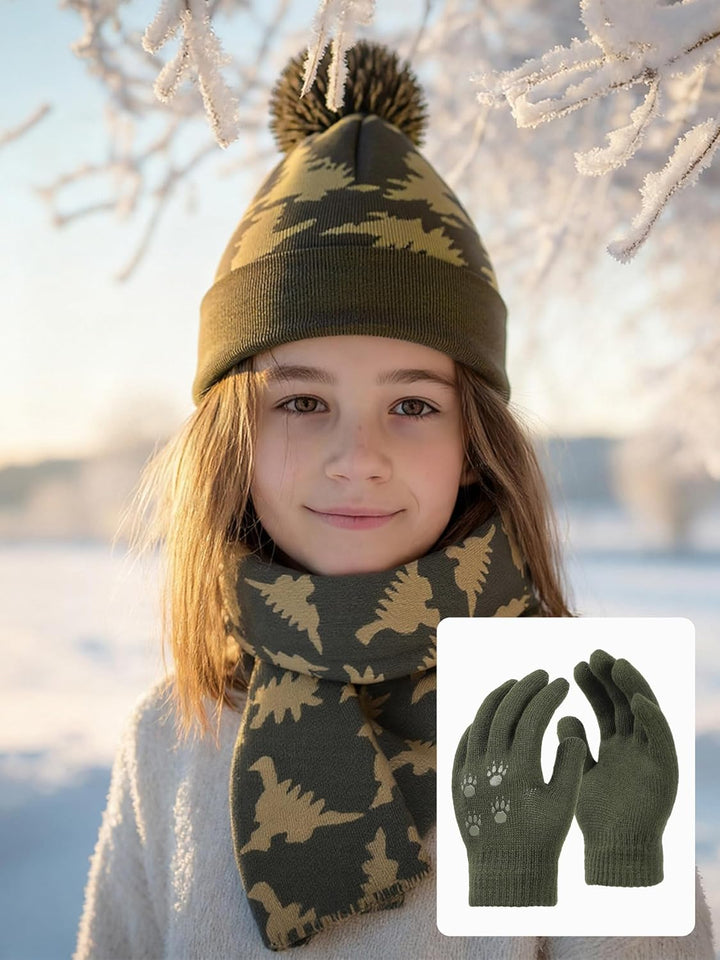 NATUST Mütze Schal Handschuh-Sets für Jungen Dinosaurier Wintermütze mit Bommel Warmer Strickschal H