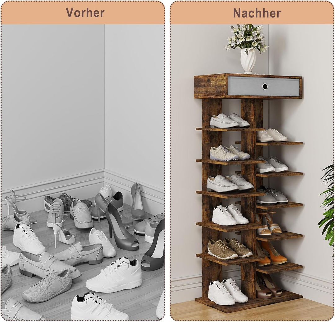 WOLTU Schuhregal mit Schublade, Holzoptik,Schuhschrank mit 12 Ablagen,Schuh-Organizier, Schuhaufbewa