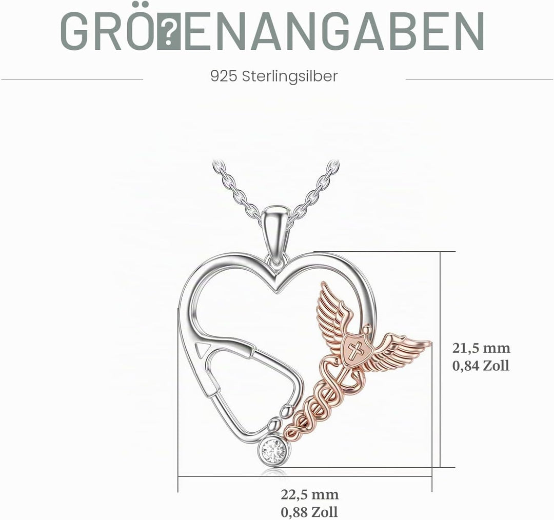 HARMONY BOLA Silber Hermesstab Engel Anhänger Stethoskop mit Zirkonia Herzform Halskette Schmuck Dan