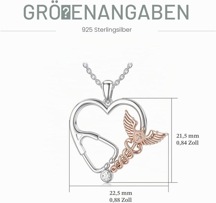 HARMONY BOLA Silber Hermesstab Engel Anhänger Stethoskop mit Zirkonia Herzform Halskette Schmuck Dan