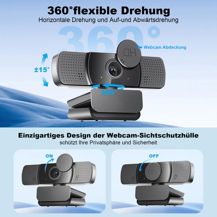 2K Full HD Webcam, Neefeaer USB Webcam mit Mikrofon und Abdeckung und Stativ, 85 Stichtfeld, Automat