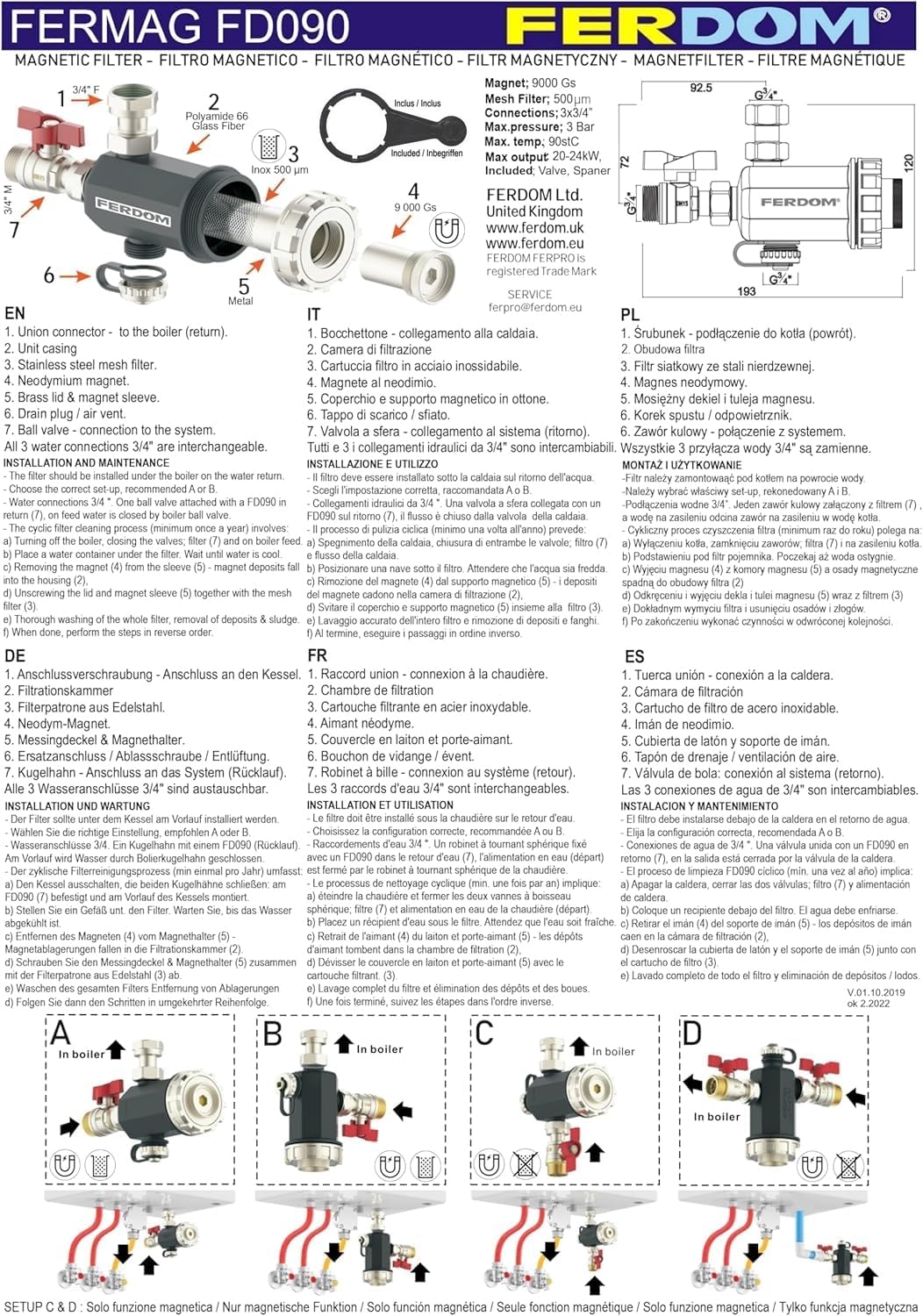 FERDOM FD090 Kompakt Magnetische Filter für Zentralheizung. Mit Nicht Magnetischem Schlammabscheider