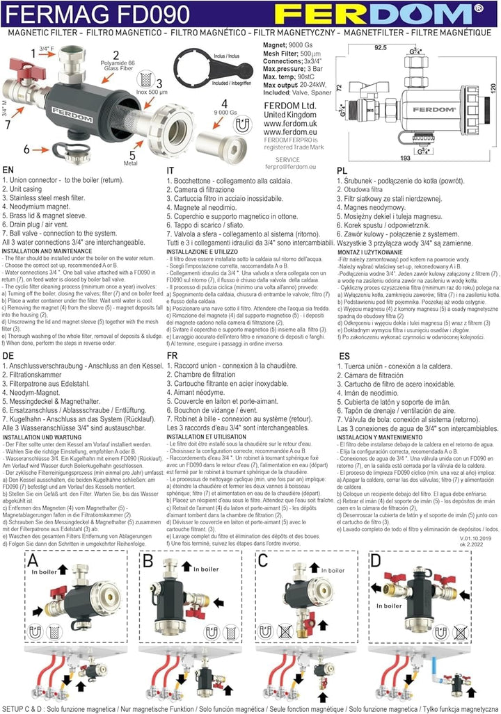 FERDOM FD090 Kompakt Magnetische Filter für Zentralheizung. Mit Nicht Magnetischem Schlammabscheider