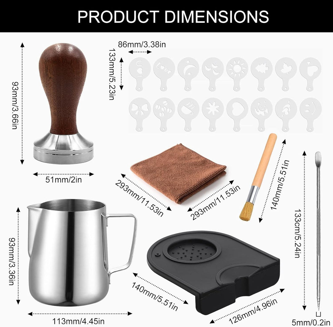 Kaffee Tamper Set 51mm,Espresso 22pcs,- aus Edelstahl Enthält Kaffeedrücker,Ablage,350ml Milchkännch