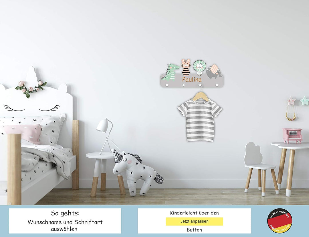 Garderobe mit Wunschname inkl. DIN A4 Poster - Personalisierte Kindergarderobe mit 4 Kleiderhaken fü