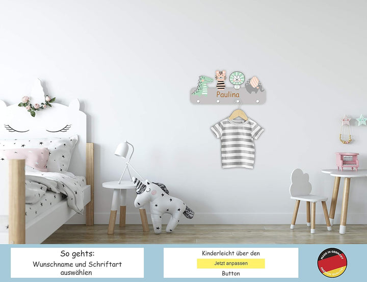 Garderobe mit Wunschname inkl. DIN A4 Poster - Personalisierte Kindergarderobe mit 4 Kleiderhaken fü
