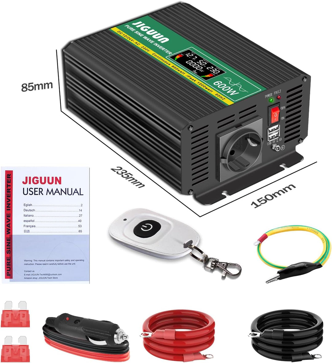 JIGUUN 600W Wechselrichter Reiner Sinus Spannungswandler 12v 230v Inverter Mit EU-Steckdose und 2 US
