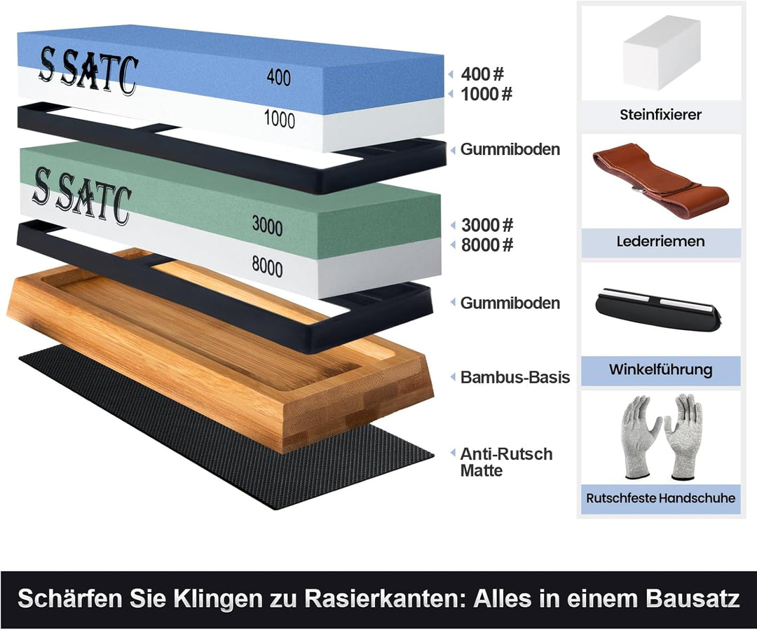 S SATC Schleifstein Messer Set Körnung 400/1000/3000/8000 Wetzstein Messer Schärfen Messerschärfer m