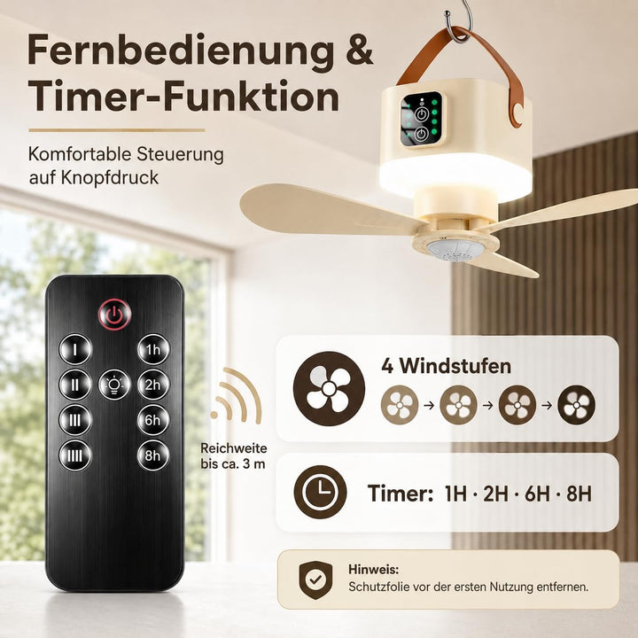 Camping Ventilator Akku 7200mAh, Mini Ventilator LED Licht Fernbedienung | 7200mAh 20 Std. Laufzeit,