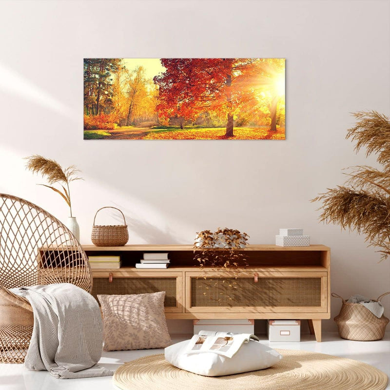 Wandbilder Dekoration Wohnzimmer Park Herbst Baum Panorama Bilder auf Leinwand 120x50cm Leinwandbild