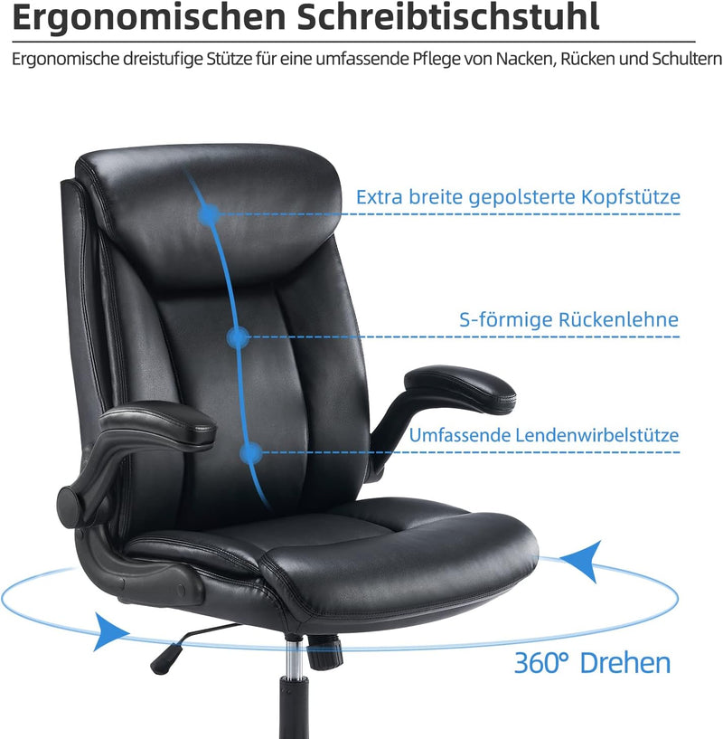 MZLEE Bürostuhl Ergonomischer Schreibtischstuhl PU Leder Drehstuhl mit hochklappbarer Armlehne, höhe