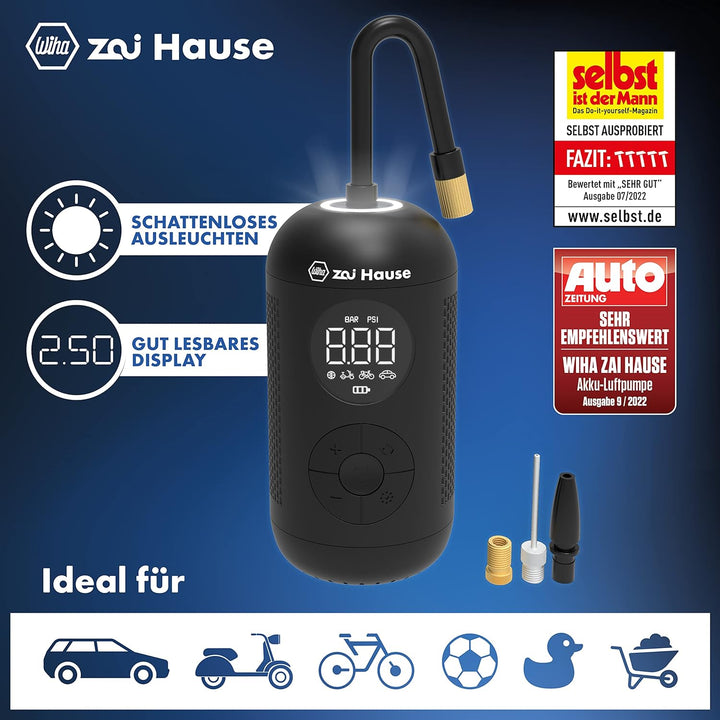 Wiha zai Hause Elektrische Luftpumpe für Fahrrad & Auto mit Akku 3,7 V inkl. Adaptern für Motorrad/B