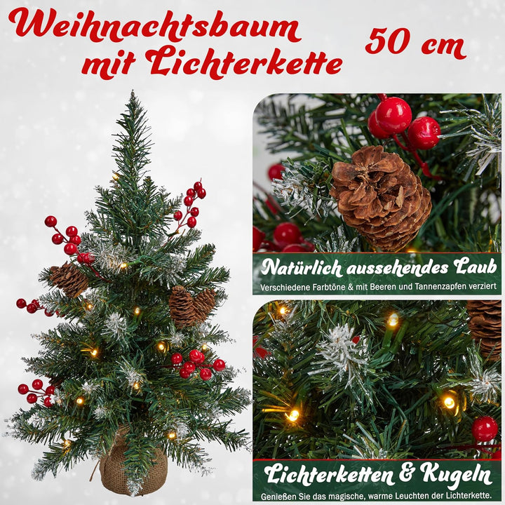 Get Trend Künstlicher Weihnachtsbaum mit Beleuchtung, 50cm Tannenbaum mit Schnee, Weihnachtsdeko Tis