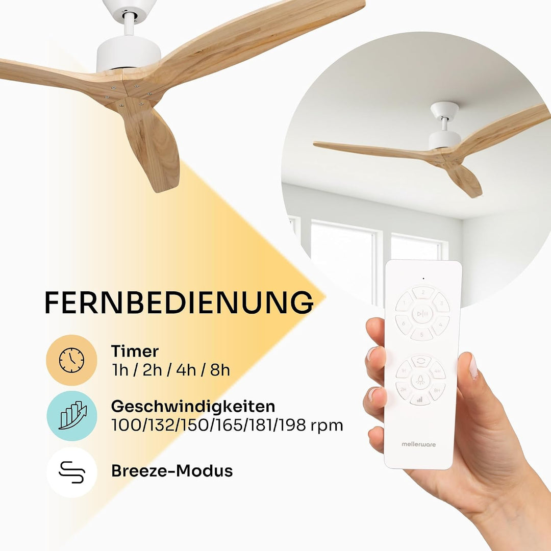 Mellerware - Deckenventilator mit Brizy-Fernbedienung! | 45 W | 6 Geschwindigkeitsstufen | extrem le