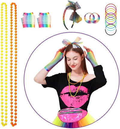 80er Jahre Outfit Damen Set, T-Shirt, Tutu, Gürteltasche, Stirnband, Ohrring, Halskette, Netzhandsch