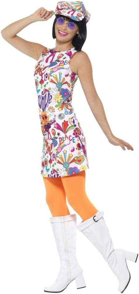 shoperama 60's Groovy Damen Kleid mit Ballon-Kappe A-Linie Mini-Rock 60er Jahre Sixties Twiggy Flowe