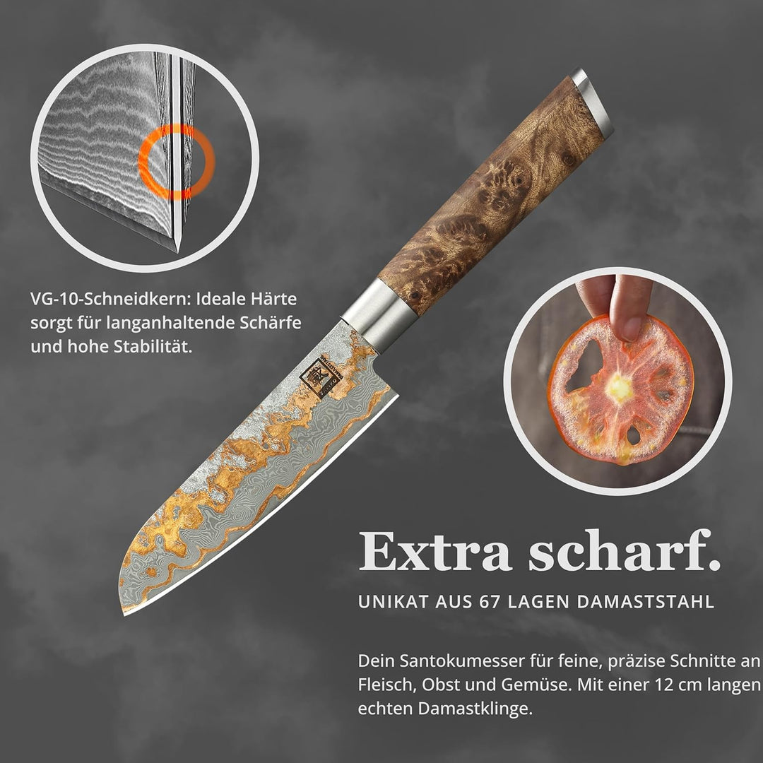 zayiko MysticMagma Damastmesser Santoku (klein) I Messer mit 12 cm Klinge gefertigt aus 67 Lagen Dam