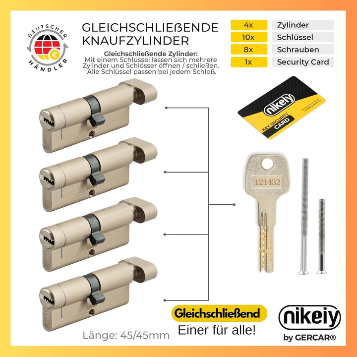 GERCAR Pro+ 4er Set Knaufzylinder gleichschliessend 45/45 - N+G Schliesszylinder mit Knauf - Zylinde