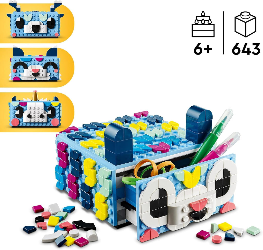 LEGO 41805 DOTS Tier-Kreativbox mit Schubfach, Mosaik-Bastelset für Kinder zum Aufbewahren von Schmu