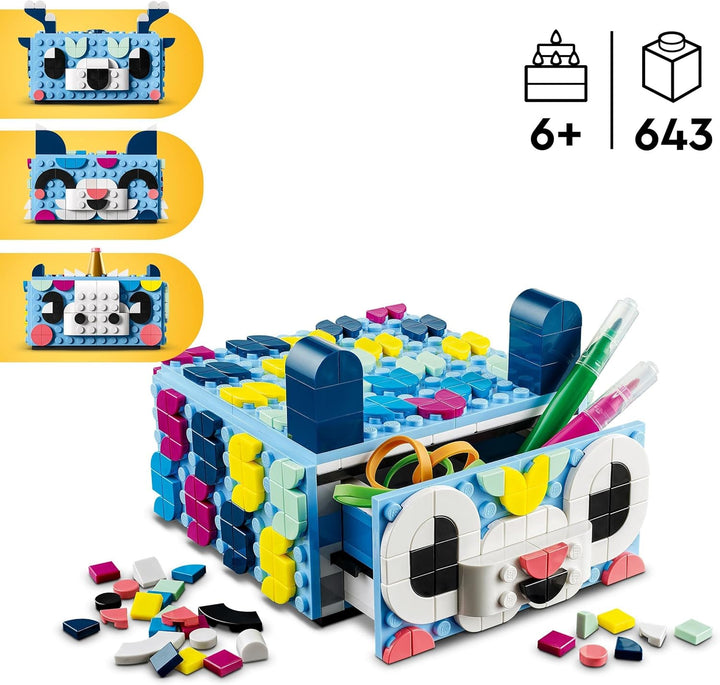 LEGO 41805 DOTS Tier-Kreativbox mit Schubfach, Mosaik-Bastelset für Kinder zum Aufbewahren von Schmu