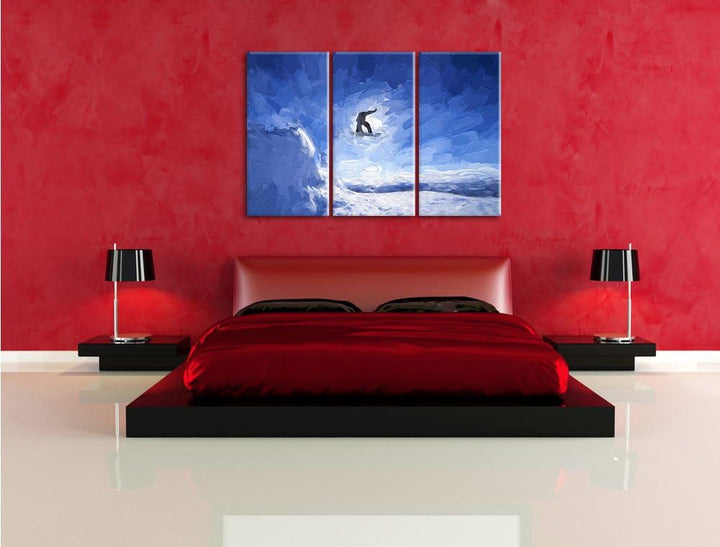 Pixxprint Snowboard Sprung, Extremsport Pinsel Effekt 3-Teiler Leinwandbild 120x80 Bild auf Leinwand